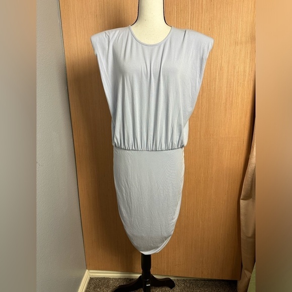 Nordstrom OPEN EDIT Strong Shoulder Periwinkle Ruched Mini Dress, Size Large (v) - Picture 1 of 9